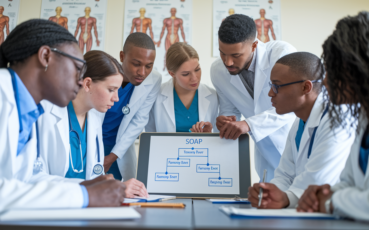 A group of diverse medical students gathered around a presentation board, attentively learning about the SOAP process. The setting is a bright, well-lit classroom with anatomical charts on the walls. A focused instructor points to a flowchart detailing the SOAP steps, while students take notes eagerly. The atmosphere is one of hope and collaboration, capturing the essence of teamwork and the preparation necessary for navigating the complexities of residency matching.