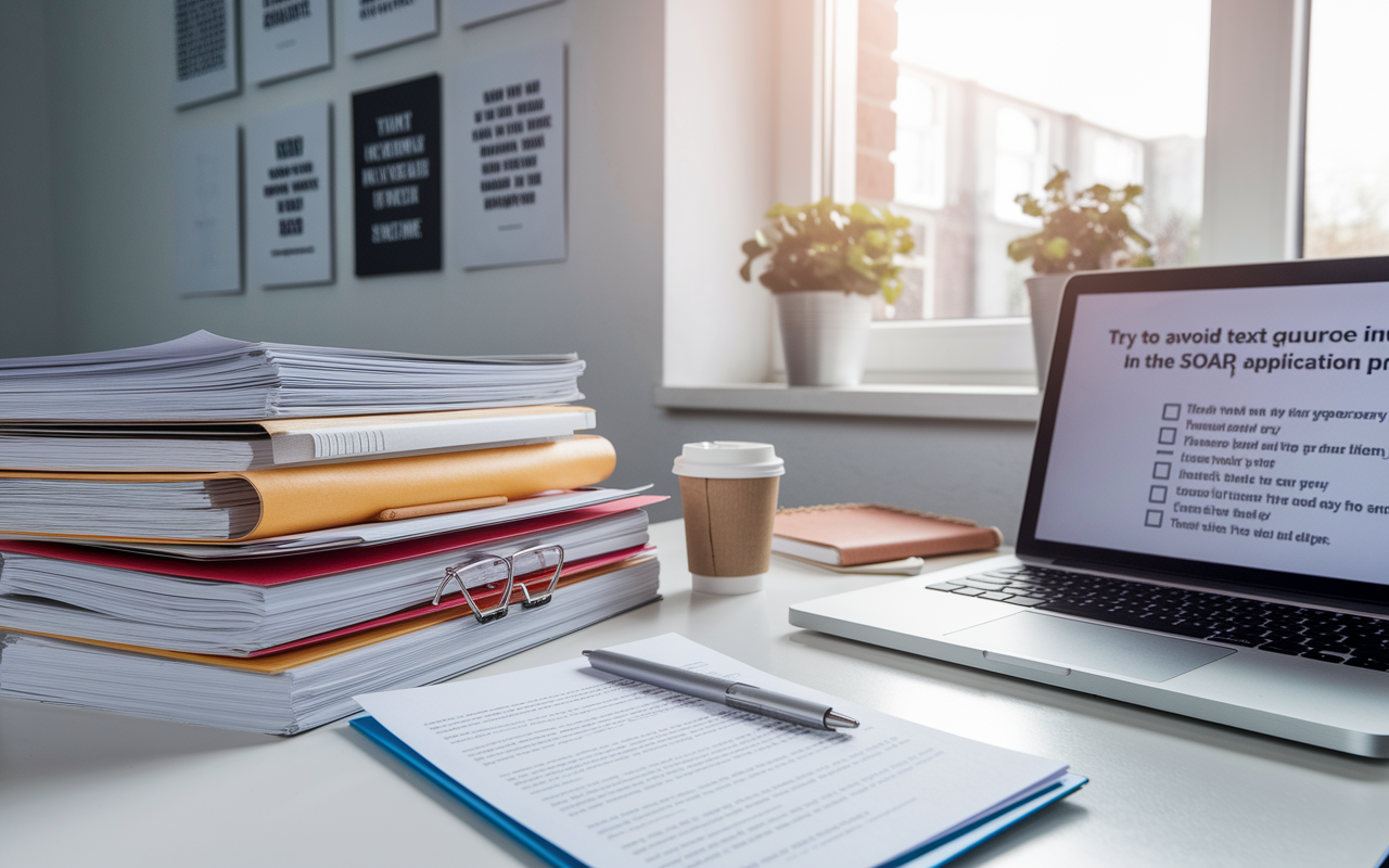 An organized workspace of a medical student preparing for SOAP, featuring neatly stacked documents, a highlighted resume, and a polished personal statement on the desk. The scene is bright, with daylight streaming in through the window, accompanied by motivational quotes on the wall. A coffee cup sits nearby, and a laptop displays a checklist, emphasizing the importance of preparation and diligence in the SOAP application process.