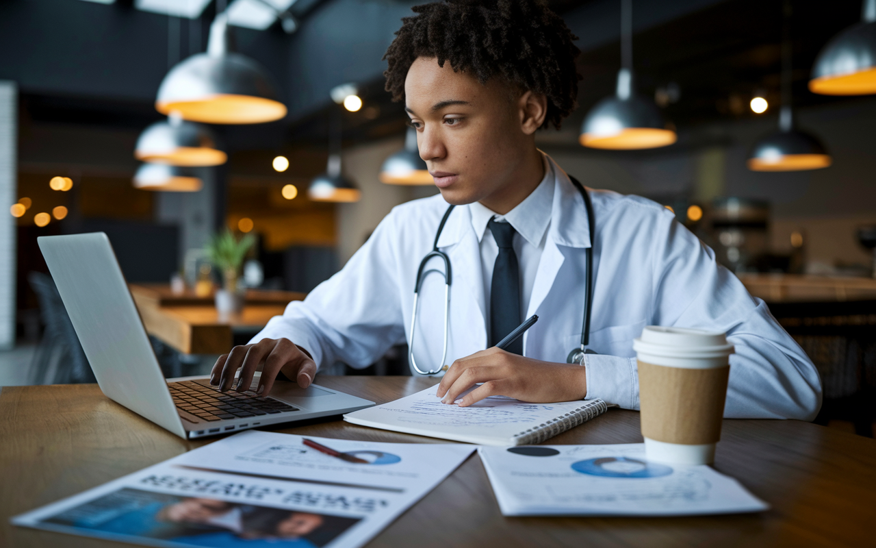 A focused medical student sitting at a coffee shop, intently browsing on a laptop, surrounded by research materials about unfilled residency positions. The setting is cozy and modern, with a warm ambiance from pendant lights. The student has a notepad with scribbled notes and a coffee cup nearby, emphasizing their determination to match with the right residency program.