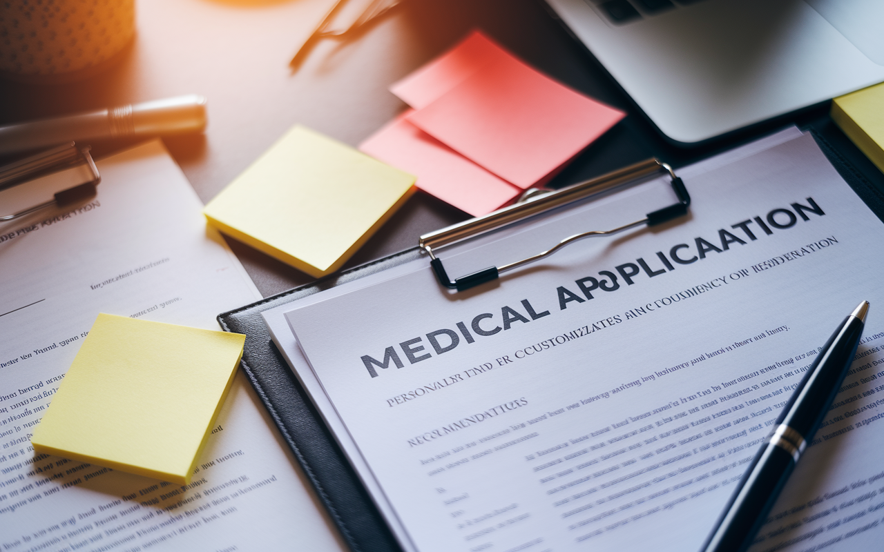 A close-up view of medical application materials on a desk, showcasing a personalized cover letter, CV, and tailored Letters of Recommendation. The paperwork is organized with sticky notes and highlighted areas, stressing the importance of customization in securing a residency. Warm light illuminates the scene, creating an inviting and focused atmosphere for effective preparation.