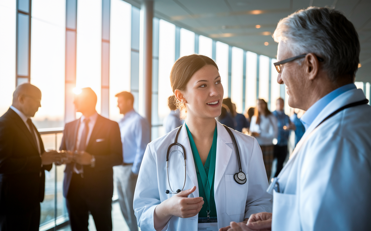 A dynamic scene of a medical student actively networking with faculty members at a conference. The sun is setting outside, casting a warm glow through floor-to-ceiling windows. The student, confidently dressed in professional attire, engages in conversation with a seasoned doctor, both looking interested and engaged. This moment symbolizes the importance of building rapport and engaging with programs during the SOAP process.