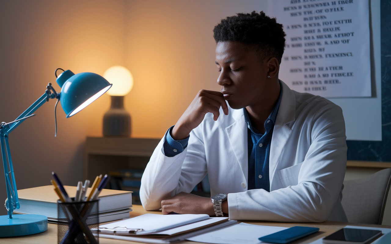 A determined medical student taking a deep breath while sitting at their study desk, surrounded by application materials. The atmosphere is one of contemplation and resilience, represented by warm, soft lighting. A poster with inspiring quotes is visible on the wall behind them, fostering a sense of hope and determination amidst the stress of the SOAP process.