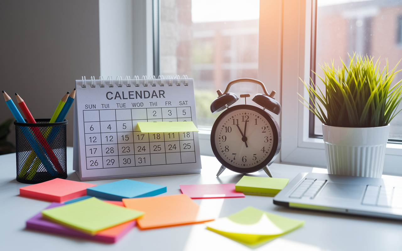 A visual representation of a student's calendar marked with deadlines and schedules for the SOAP process. The desk features a clock, a to-do list, and colorful sticky notes, highlighting the importance of time management. The setting is bright and organized, with sunlight streaming through the window, symbolizing clarity and focus amidst the chaotic application timelines.