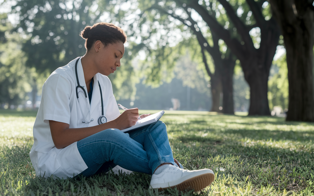 A reflective medical student sitting in a serene park, contemplating their journey through the SOAP process. Surrounded by nature, the student holds a notebook and pen, jotting down reflections and lessons learned. The sunlight filters through the trees, creating a peaceful atmosphere, symbolizing growth and future aspirations.