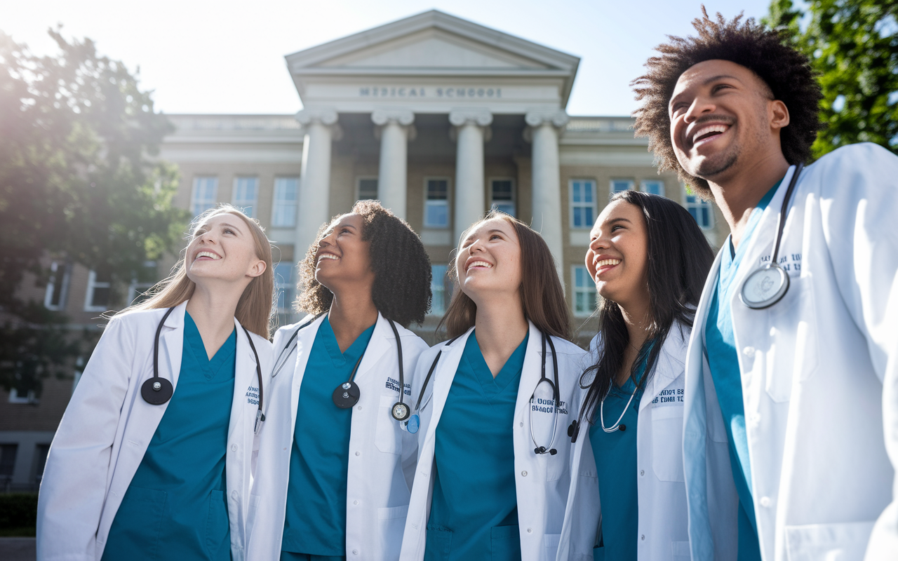 A group of enthusiastic medical students standing together, looking optimistic about their future after navigating the SOAP process. Bright sunlight illuminates their faces as they smile and celebrate their journey. The backdrop features a medical school building, symbolizing their commitment to medicine, hope, and camaraderie.