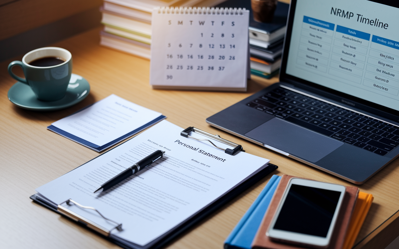 A meticulously organized workspace featuring a desk with neatly arranged documents, including a polished CV, personal statement, and a calendar displaying important SOAP dates. An open laptop shows the NRMP timeline. Warm, focused lighting illuminates the workspace, emphasizing the importance of preparation for the residency application process. A coffee cup rests beside a stack of medical textbooks, contributing to an atmosphere of dedication and hard work.