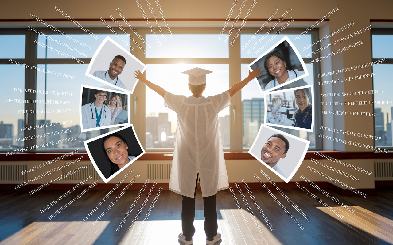 A passionate medical graduate standing in front of a large vision board filled with images and goals related to their desired specialty, symbolizing motivation and clarity for the future. The room is filled with bright sunlight and inspirational quotes on the walls, encapsulating a sense of purpose and determination. The scene represents the connection between goals and the journey in the medical field, inspiring ongoing commitment and dedication.