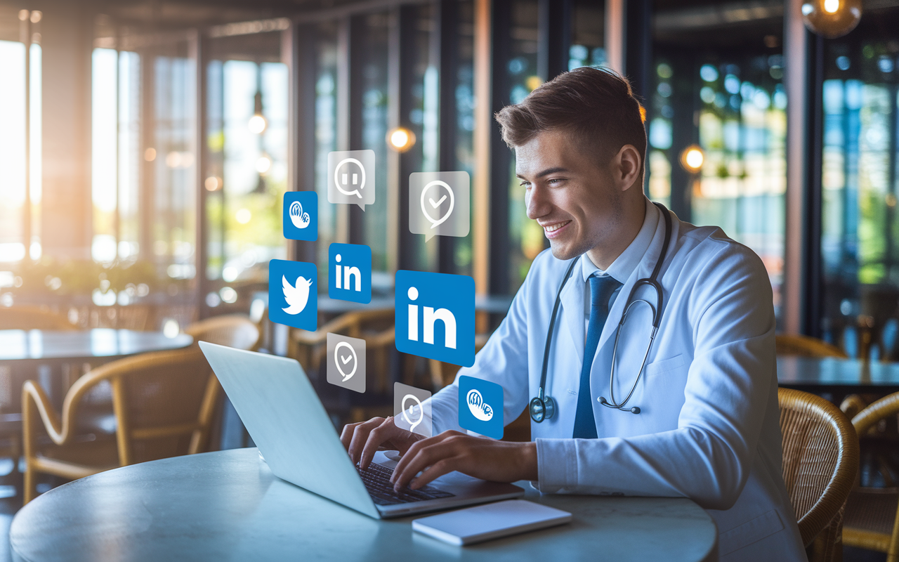 A young medical graduate sitting at a brightly lit café, engaging on social media through a laptop with various icons of Twitter and LinkedIn visible, showcasing active networking strategies. Various elements of networking are symbolized by visible messages and updates on the screen. The café has a warm ambiance, with soft sunlight filtering through large windows, reflecting the excitement and potential of making valuable connections. The environment conveys collaboration and ambition.