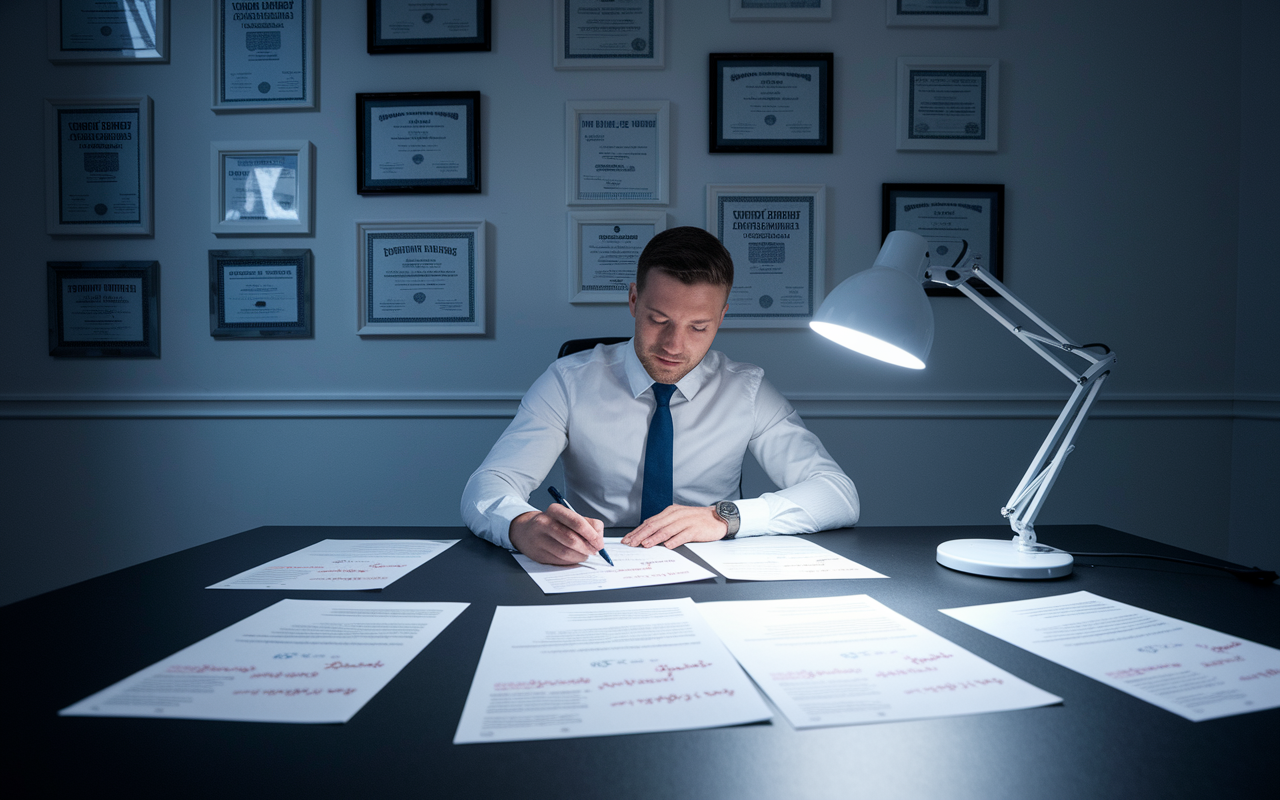 An applicant sitting at a sleek desk, passionately working on a tailored application, with papers spread out, each marked with annotations and personal notes. The atmosphere is dynamic with a bright desk lamp casting a focused light on the application, symbolizing thoroughness and dedication. The background features a wall covered in inspiring medical articles and certificates, reflecting the individual’s unique journey and strong connection to the specialty they’re applying for.