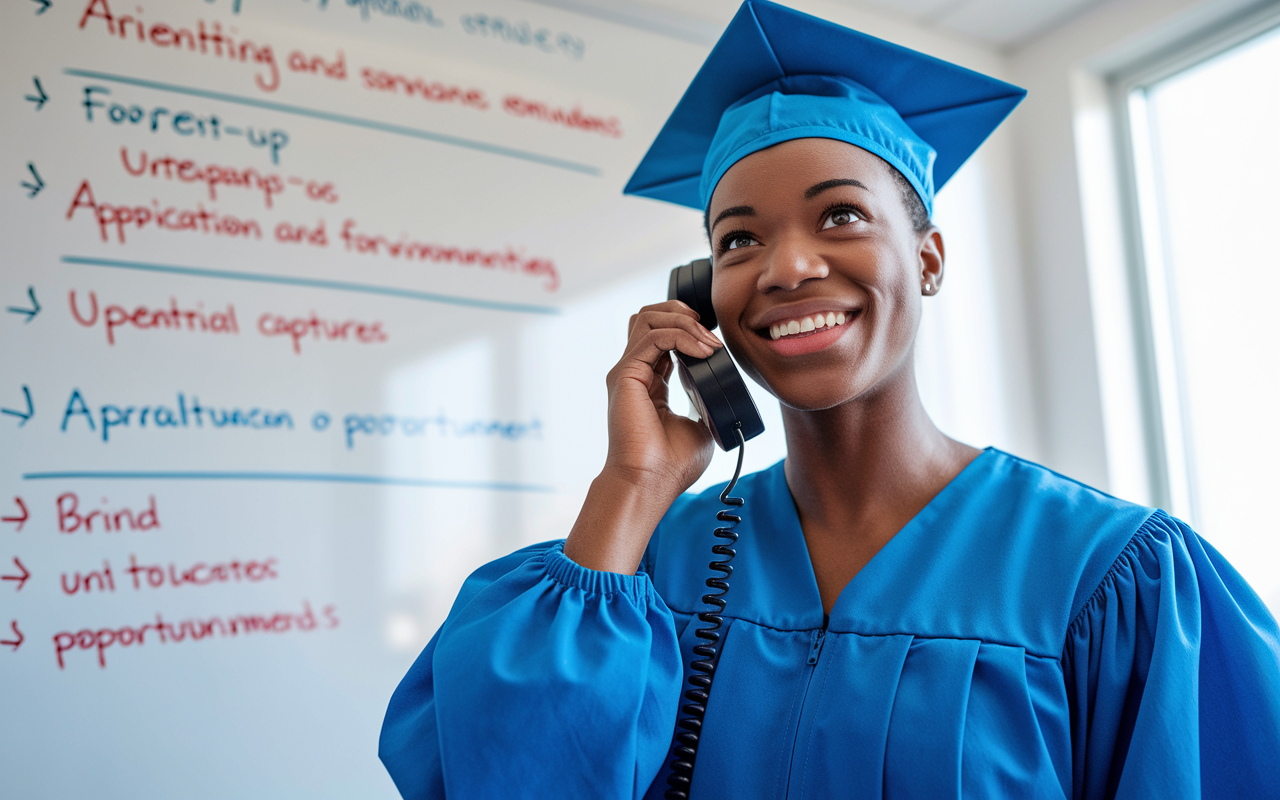 A medical graduate depicted in action, on a telephone with a friendly smile, exuding confidence while reaching out to a program coordinator. The background has a large whiteboard filled with follow-up reminders and application statuses, highlighting the importance of being proactive. Bright and engaging lighting captures the anticipation of potential opportunities, creating an uplifting and forward-thinking environment.