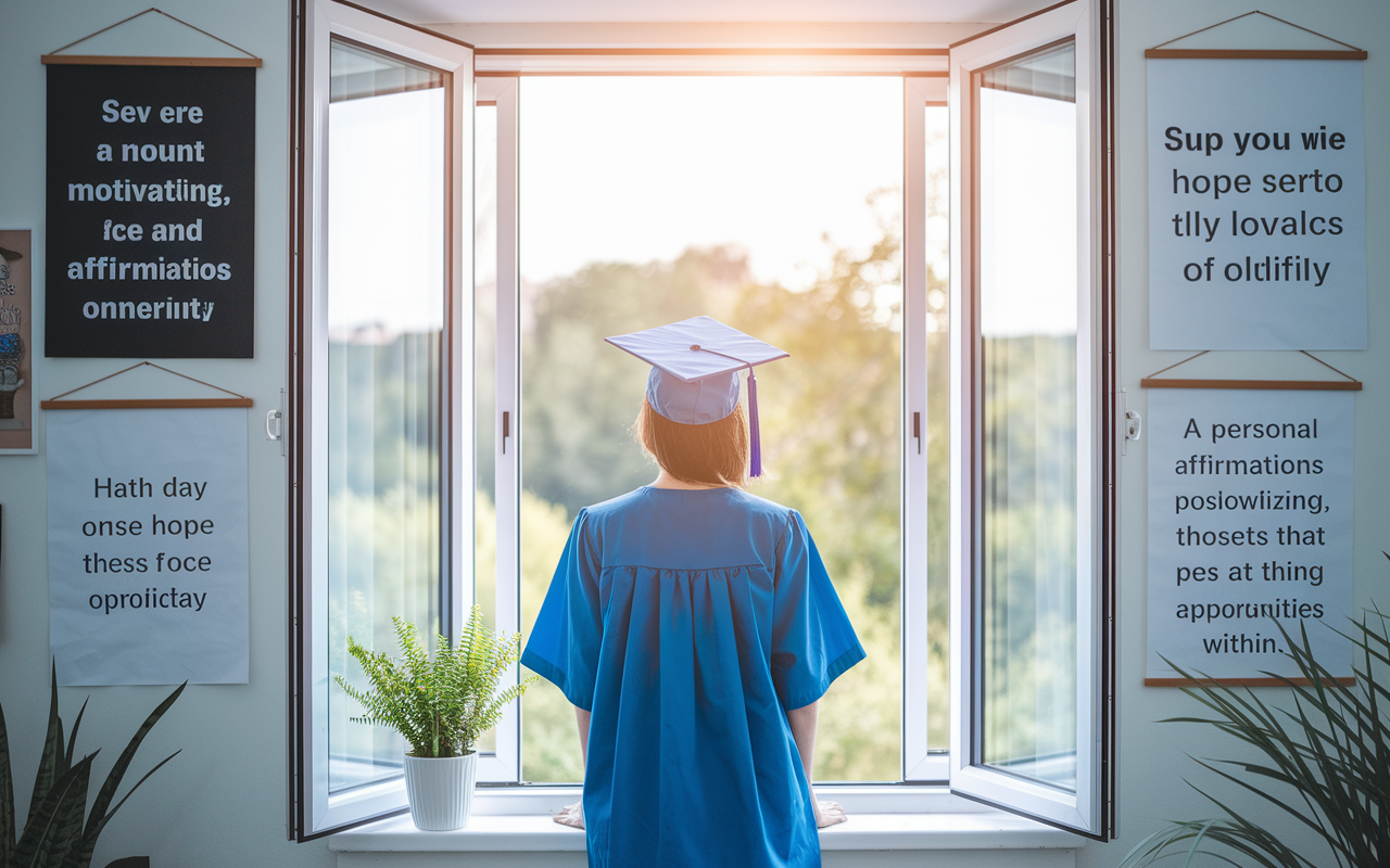 A medical graduate looking out of a window, gazing at a bright sunny day, harnessing a moment of reflection and positivity. Surrounding items include motivational posters and personal affirmations, illustrating resilience and determination. Natural light floods the room, symbolizing hope and a positive mindset that attracts opportunities. The overall scene is warm and uplifting, showcasing the strength within.