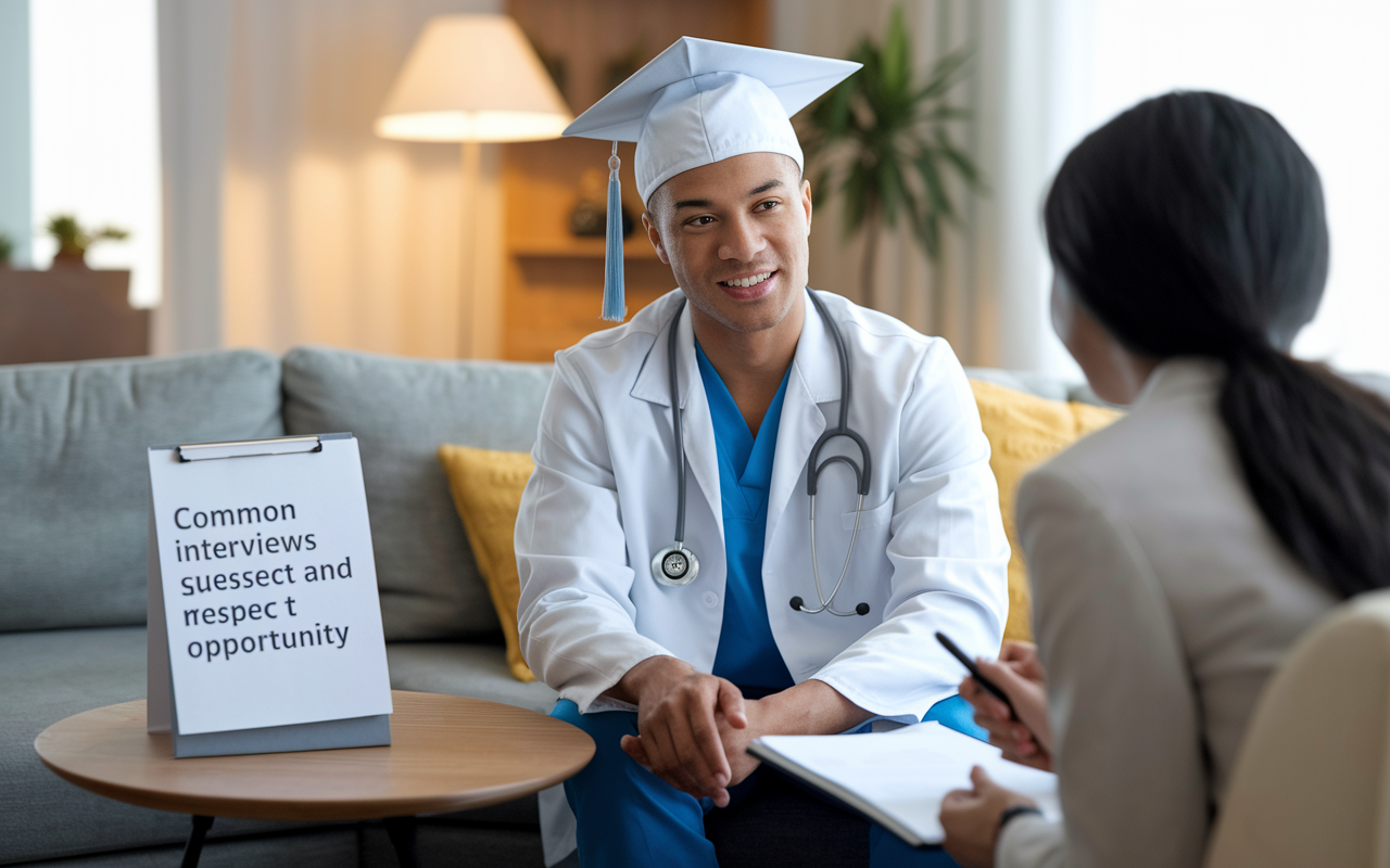 A medical graduate conducting a mock interview in a well-lit living room, with a friend acting as the interviewer. Both are in professional attire, and a list of common interview questions is displayed on a side table. The setting is warm and inviting, symbolizing readiness and respect for the opportunity ahead. The confidence on the graduate's face reflects the importance of thorough preparation and practice.