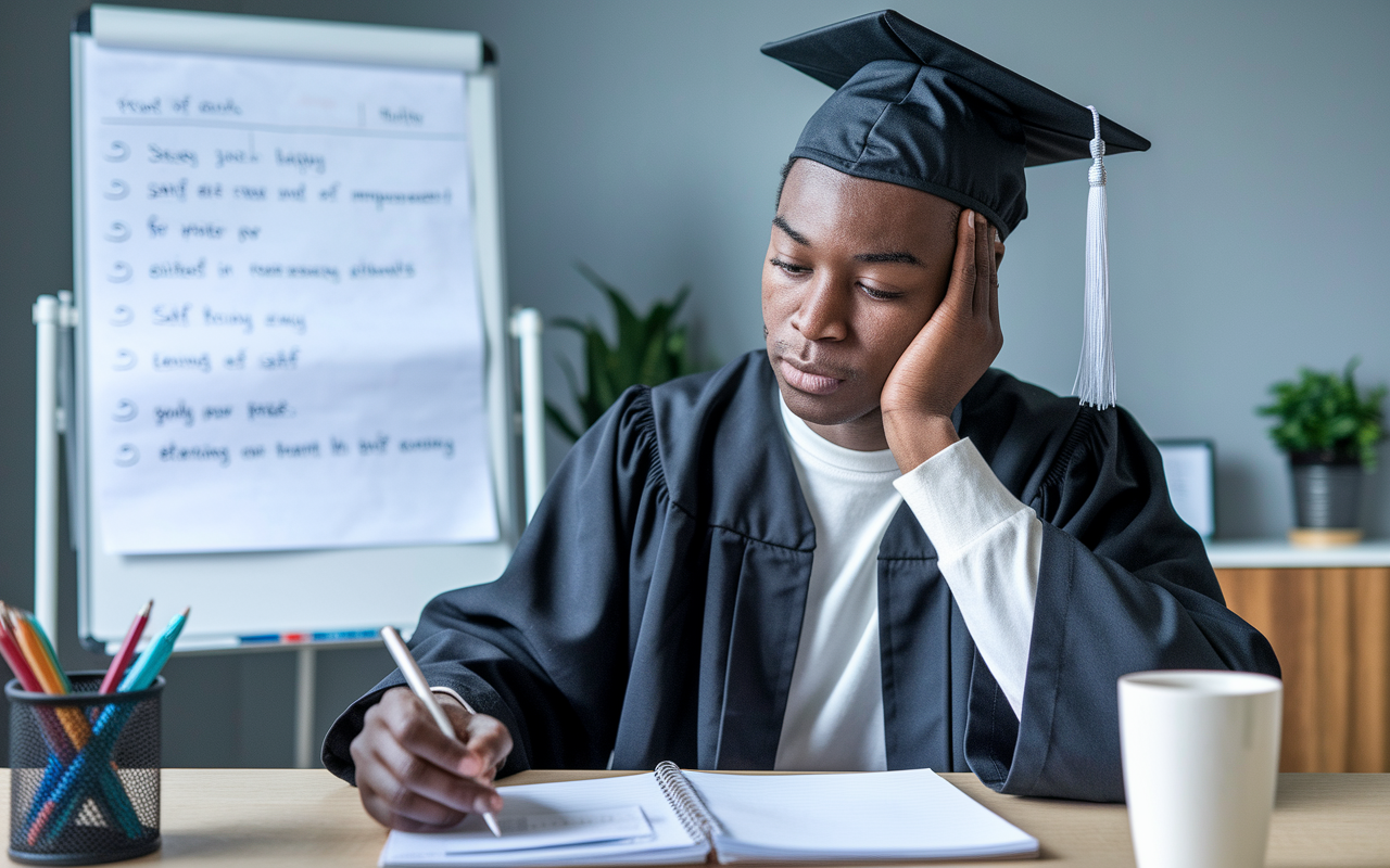 A focused graduate sitting at a desk, reviewing past applications with a reflective expression, taking notes for improvement. A whiteboard in the background displays key points and reminders from past interviews, symbolizing the journey of learning and growth. Soft, introspective lighting enhances the atmosphere of self-discovery and constructive reflection essential in the SOAP process.