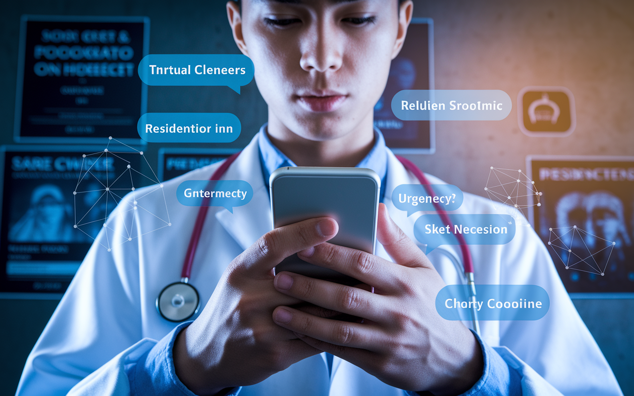 A close-up view of a medical student holding a smartphone, texting a program coordinator during the SOAP process. The student's expression is focused and determined, surrounded by posters of various residency programs in the background. The lighting is bright, showcasing a sense of ambition and urgency, with a sense of technology integration in medicine represented through virtual elements like chat bubbles or interconnected nodes around the student.