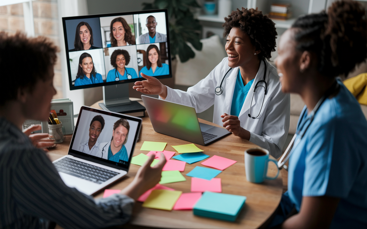 A dynamic scene of a medical student engaging with current residency program residents over a virtual meeting. The students appear interested and engaged, sitting in a cozy home office setting, with laptops open and enthusiastic expressions. The screen shows the faces of current residents discussing their experiences while colorful sticky notes and a coffee mug sit on the student's desk, representing the hustle of the SOAP journey.