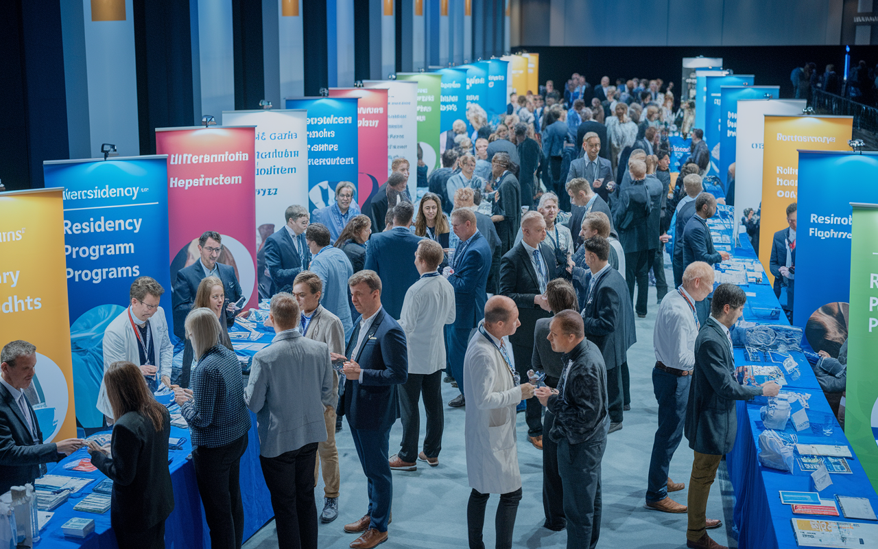 A vibrant scene of a medical conference where residency candidates are mingling and networking. Various booths representing different residency programs are set up, with representatives engaging with interested candidates. Bright banners showcase program highlights. Lights are shining down on excited faces as conversations flow—some participants exchanging business cards—a perfect blend of professional ambition and networking energy.