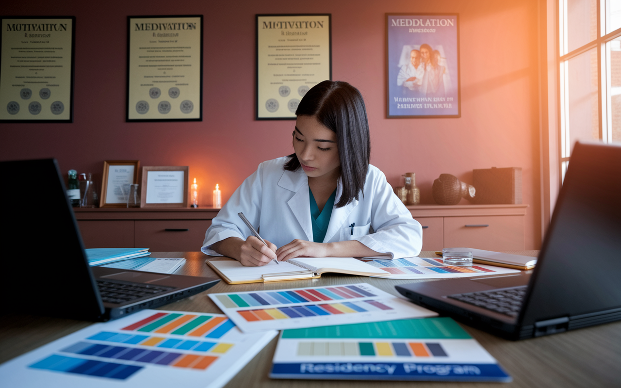 An ambitious medical student in a study room surrounded by open laptops, colorful charts, and residency program brochures. The student, a young woman of Asian descent, is intensely focused, jotting down notes while sipping coffee. Warm ambient light filters through a nearby window, creating an atmosphere of motivation and discovery. The walls are lined with medical diplomas and posters featuring health-related themes, representing her dedication to understanding the intricacies of residency programs.