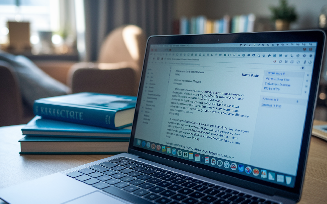 A close-up view of a laptop screen displaying a thoughtful email draft addressed to a residency program director, set in a cozy home office with medical books stacked on the desk. The email reads with a personal touch, including details about the candidate's experiences. Gentle, focused lighting highlights the screen, suggesting an intimate and serious mood as the candidate fosters connections in the world of medicine.