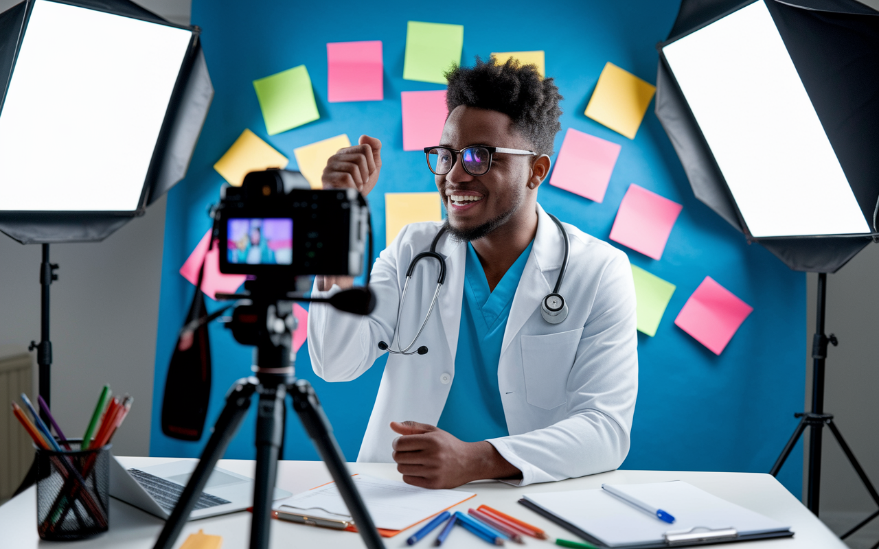 A creative workspace where a medical graduate is producing a vibrant video introducing themselves, with a camera set up on a tripod, colorful notes surrounding the backdrop. The graduate, a Black male with glasses, is animated and conversational, displaying enthusiasm and energy. Bright lights illuminate the scene, conveying a lively and innovative approach to a residency application.