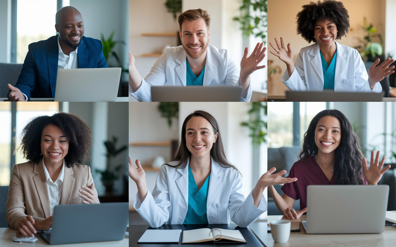 A virtual webinar in progress, where a diverse group of current medical residents enthusiastically discuss their experiences with potential SOAP candidates on a video call. The setting shows home office environments, with each resident engaging through bright screens. The mood is warm and inviting, with smiles and animated gestures, capturing the essence of mentorship and support in navigating the residency process.