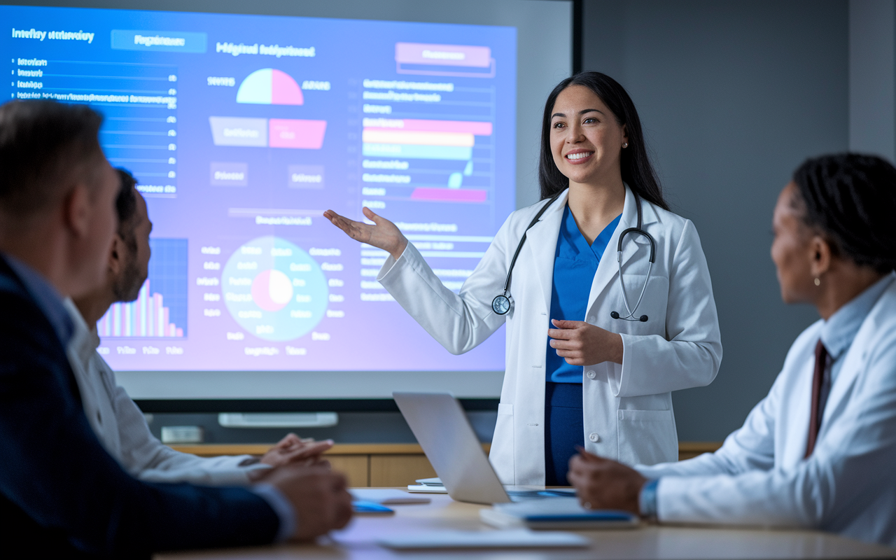 A confident medical graduate presenting a digital health project to a panel during a residency interview, using a projector that displays vibrant graphs and charts. The graduate, a Hispanic woman, radiates passion and confidence, while the panel of interviewers listens intently, immersed in the innovations being shared. The room is well-lit, emphasizing the moment of opportunity and empowerment.