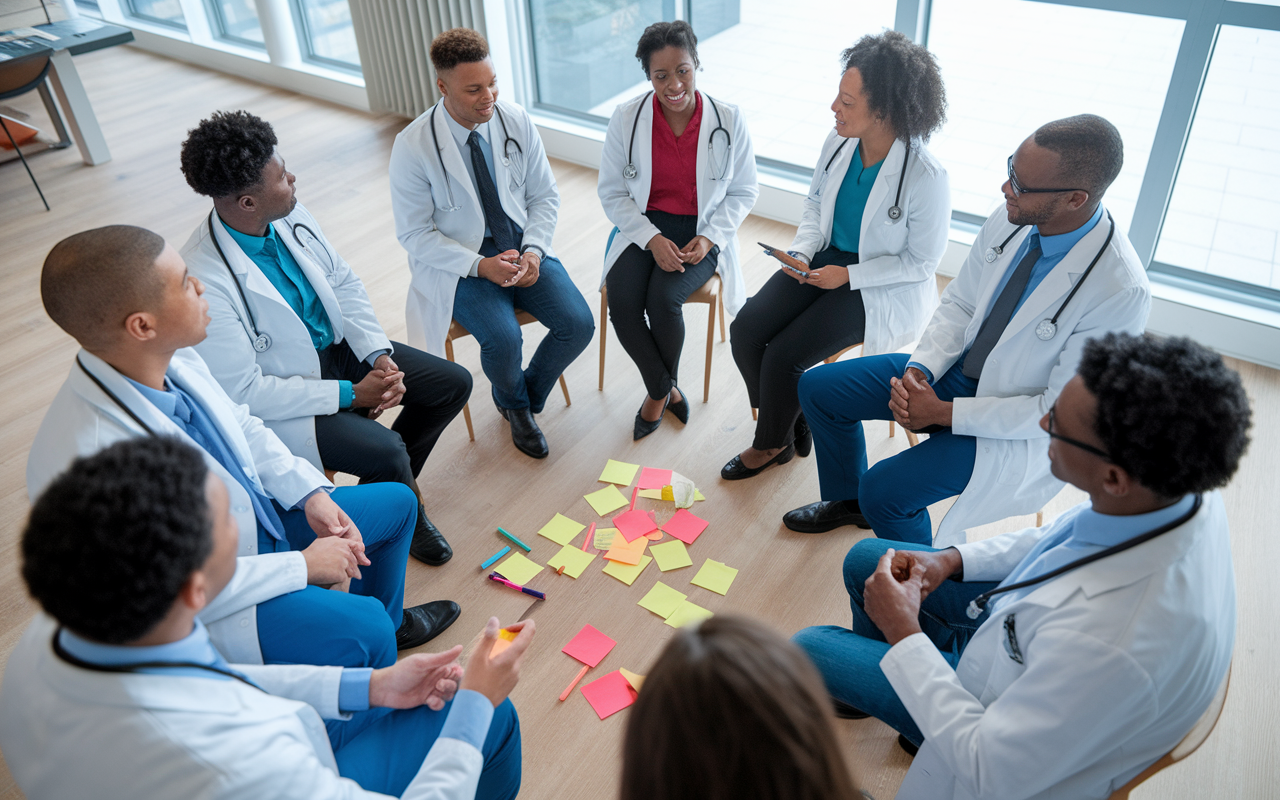 A diverse group of medical graduates participating in a collaborative brainstorming session in a bright, airy meeting room. They are sitting in a circle, sharing ideas and strategies for their residency applications, with sticky notes and markers scattered around. The room reflects an atmosphere of positivity and teamwork, showcasing their collective support during the SOAP process.