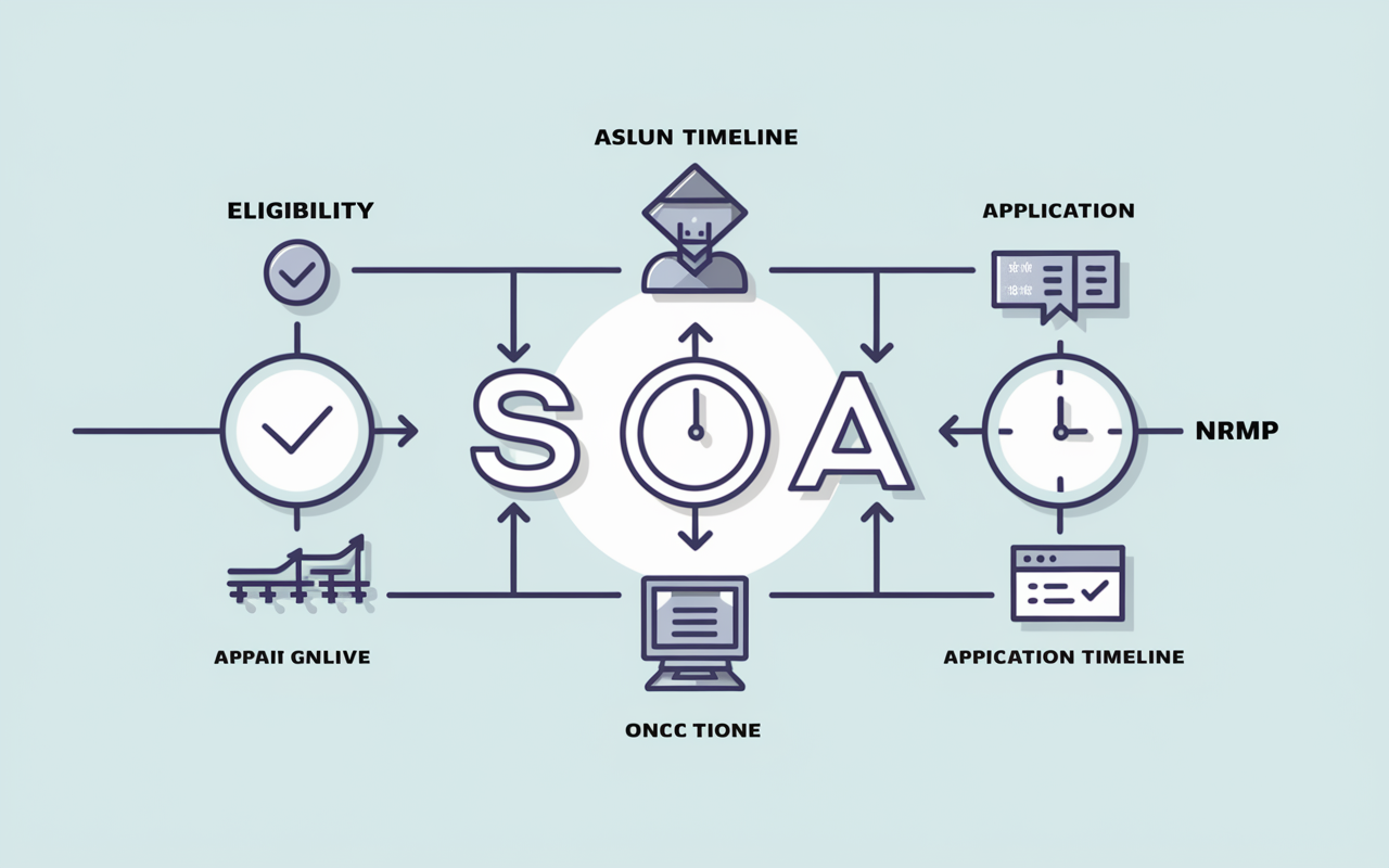 An informative graphic showcasing the SOAP process, featuring a flowchart with key components such as eligibility, application timeline, and the NRMP. Each section is visually distinct with icons: a checkmark for eligibility, a clock for the timeline, and a computer screen for the NRMP. The background is a soft pastel color, ensuring clarity and ease of reading, while a subtle gradient adds depth.