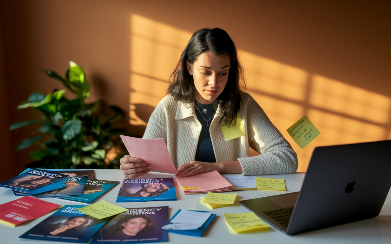 A determined young woman, Maria, is at her desk, surrounded by residency program brochures and a laptop open to medical application materials. Her facial expression is one of hope and determination, with sticky notes scattered around reminding her of her goals. The room is bathed in warm, centered lighting highlighting her focus and resilience as she prepares for multiple interviews during SOAP week.