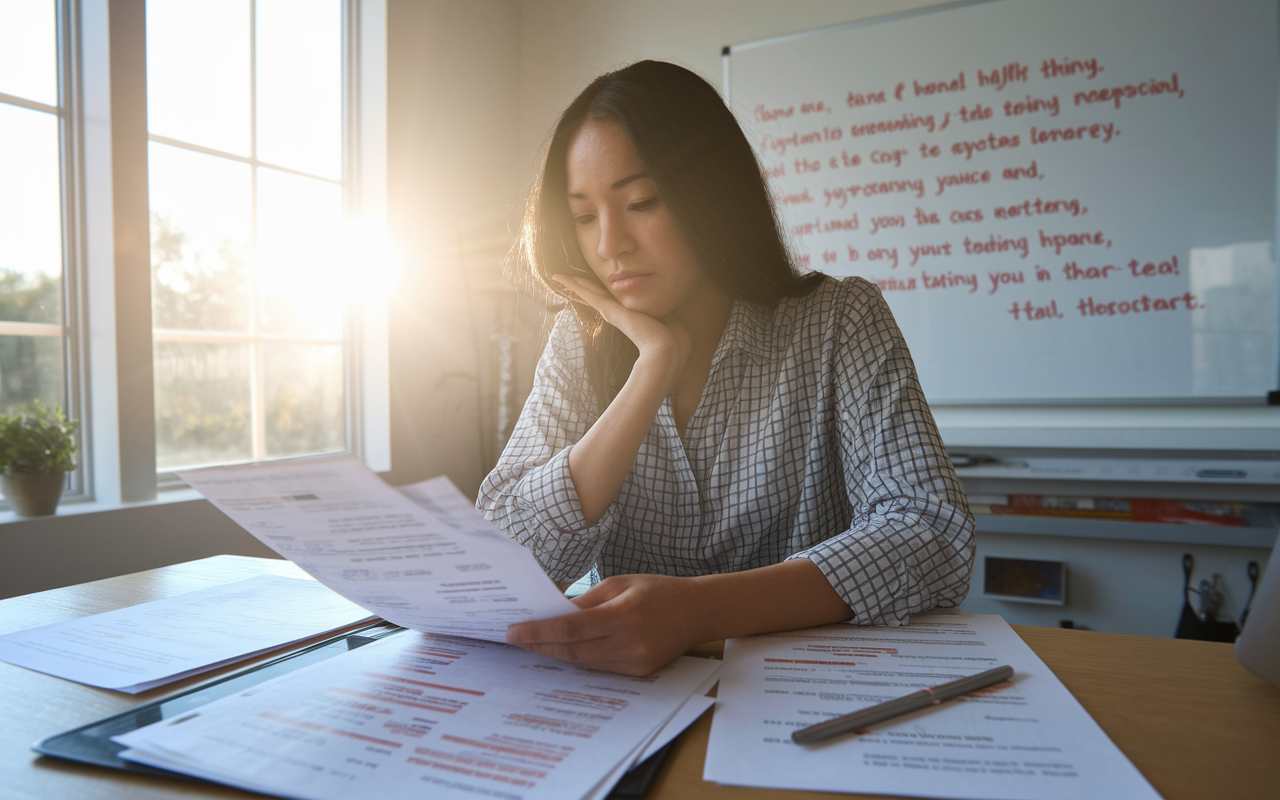 Celine is depicted sitting in a bright, inspiring study room, analyzing her past residency applications with a thoughtful expression. Papers with notes and highlighted resumes are scattered around her. The sunlight streams through the window, filling the room with a warm glow, symbolizing hope and positivity. A whiteboard in the background displays motivational quotes, enhancing the atmosphere of self-improvement and determination.