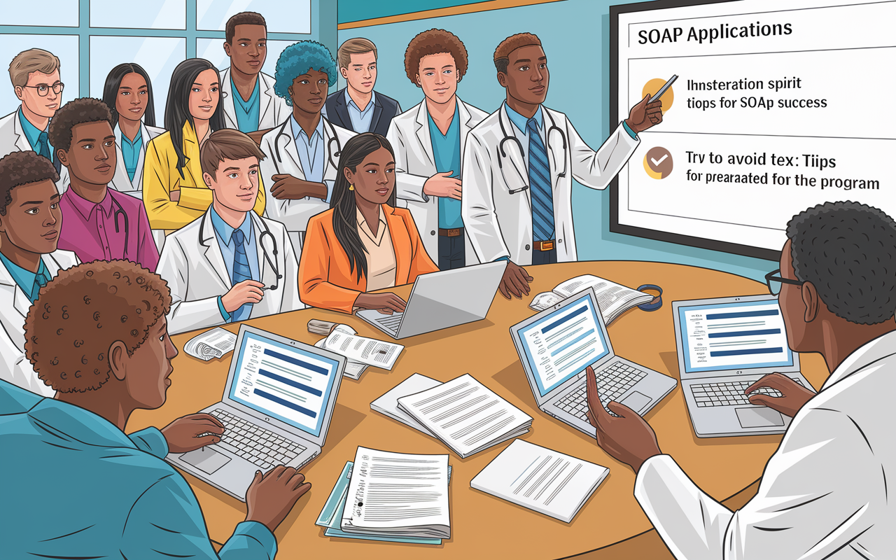 An educational scene depicting a diverse group of aspiring medical graduates engaged in a workshop preparing for SOAP applications. The room is filled with guides, laptops open to resources, and an instructor pointing at a large screen displaying key tips for SOAP success. The atmosphere is energetic and focused, reflecting the collaborative spirit of preparation anticipated for the program.