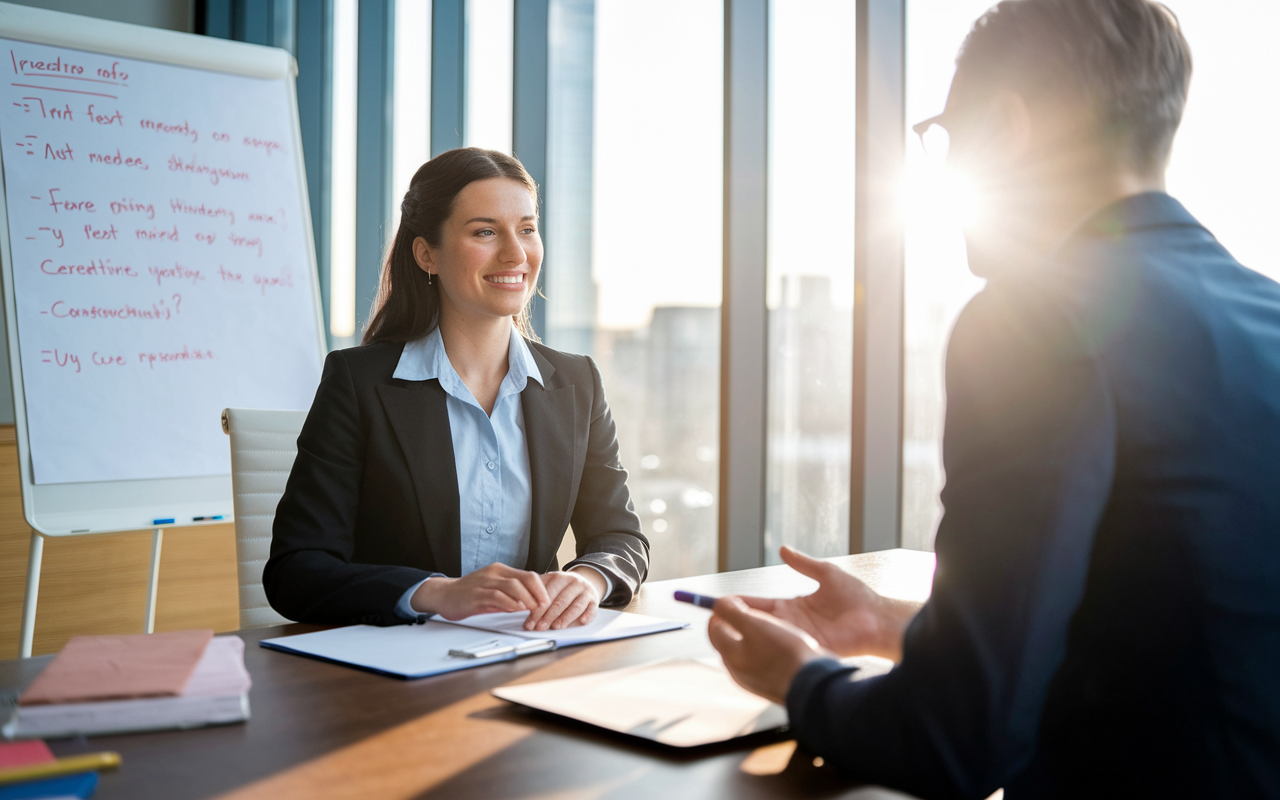 A vibrant scene showing a mock interview in a bright conference room. A female medical student, dressed in business attire, sits confidently across from an experienced mentor who is providing feedback. A whiteboard nearby is filled with notes and mock questions. The sunlight filters through large windows, creating a warm and inviting ambiance. The expressions on both faces show engagement and constructive communication, symbolizing the journey of preparation.