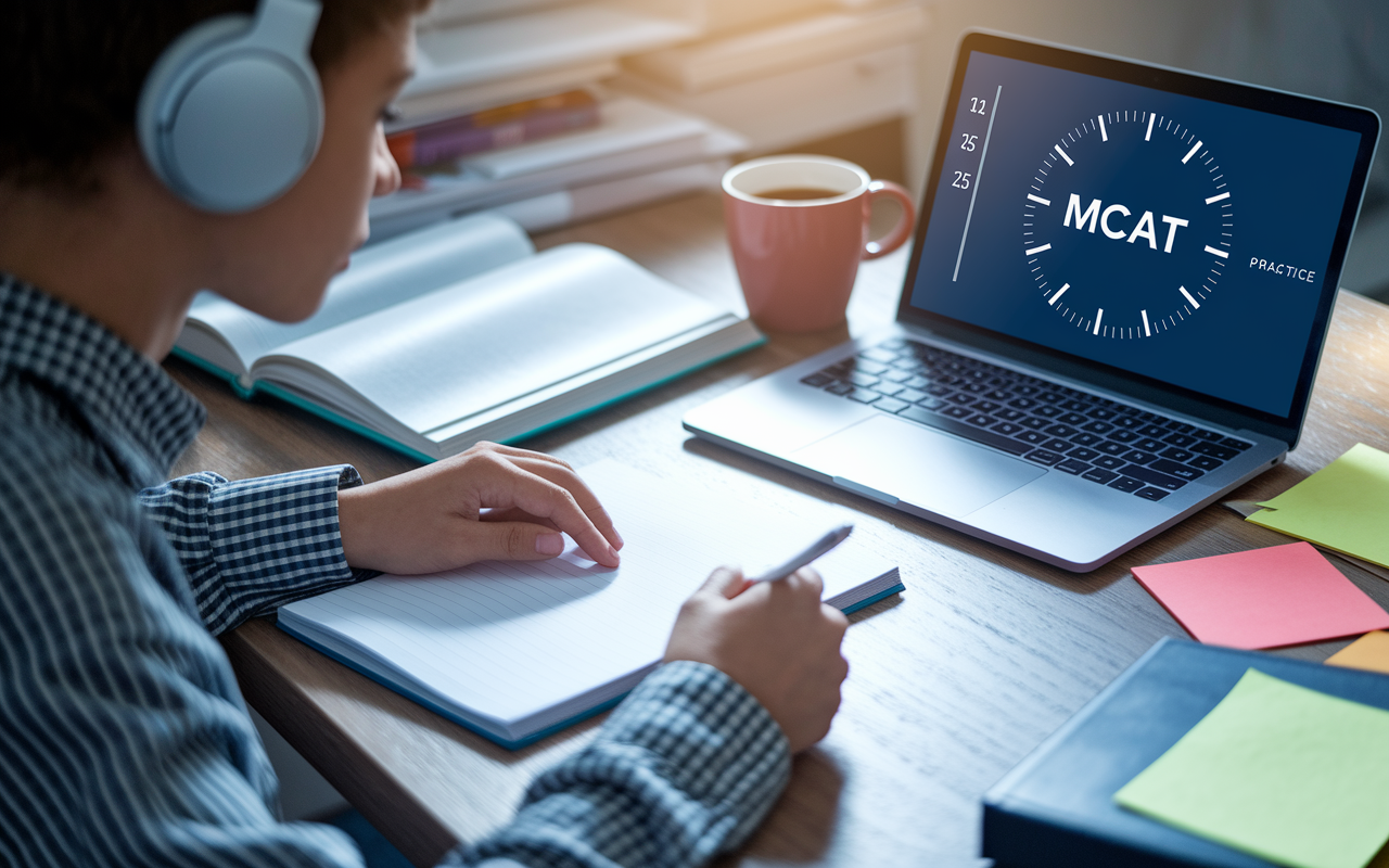 A close-up image of a focused student wearing headphones, studying for the MCAT at a desk filled with textbooks and practice materials. Their laptop displays a practice exam interface with a timer counting down. A mug of coffee and colorful sticky notes add a personal touch to the scene. Soft, warm lighting creates an atmosphere of concentration and diligence, reflecting the intensity and preparation involved in studying for the MCAT.