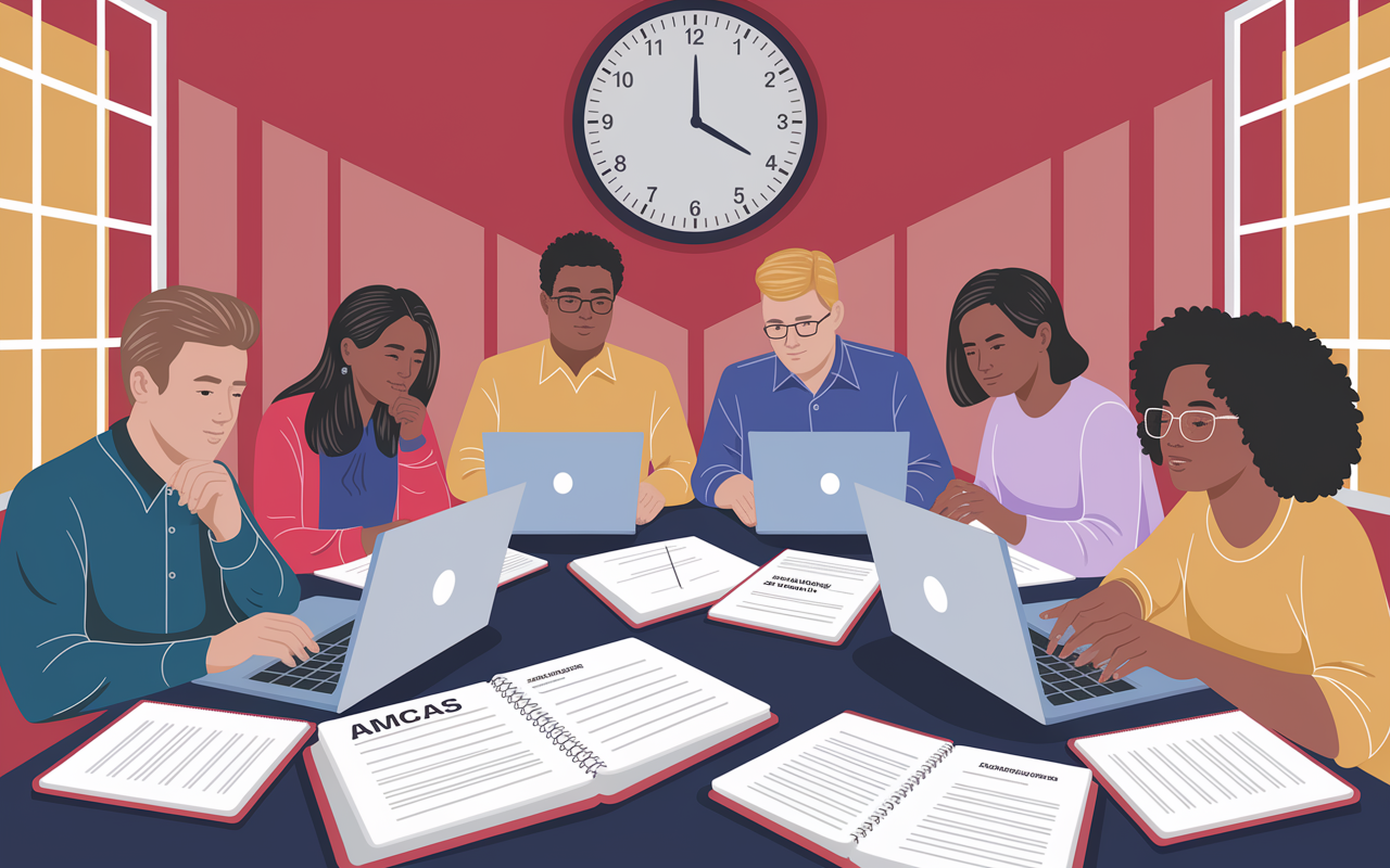 A digital illustration showcasing a diverse group of students sitting around a table, actively filling out the AMCAS application on laptops. Their expressions reflect determination and thoughtfulness, surrounded by the clutter of notebooks and guidelines. The background features a large wall clock symbolizing deadlines and urgency, with warm interior lighting enhancing the collaborative atmosphere in a study room.