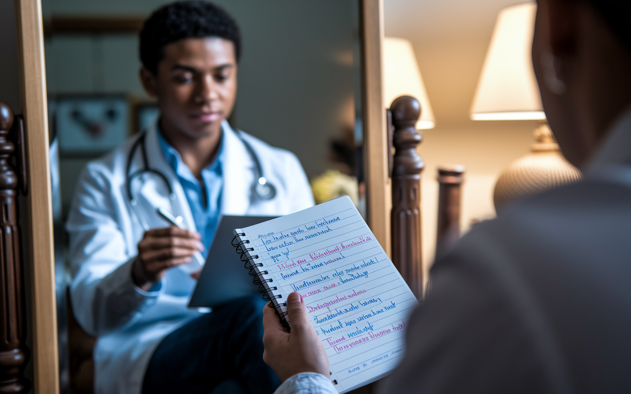 A cinematic portrayal of a student preparing for a medical school interview, seated in a cozy room with a mirror and notes. The student is rehearsing their answers, with a notepad full of highlighted tips and strategies. The lighting is soft yet focused, emphasizing the intensity of preparation. The atmosphere conveys hopefulness and determination, reflecting the student's aspirations in a warming light.