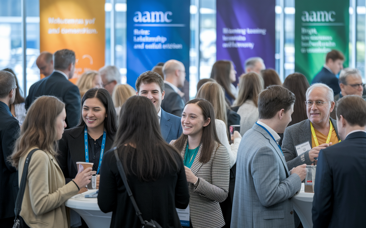 A lively conference setting with medical students and professionals engaging in networking activities. Groups of individuals are conversing animatedly, exchanging ideas, and sharing resources. Background banners display the AAMC logo and themes of mentorship. Bright, welcoming lighting enhances the communal spirit of learning and connection, illustrating the value of relationships and collaboration in the journey of medical education.