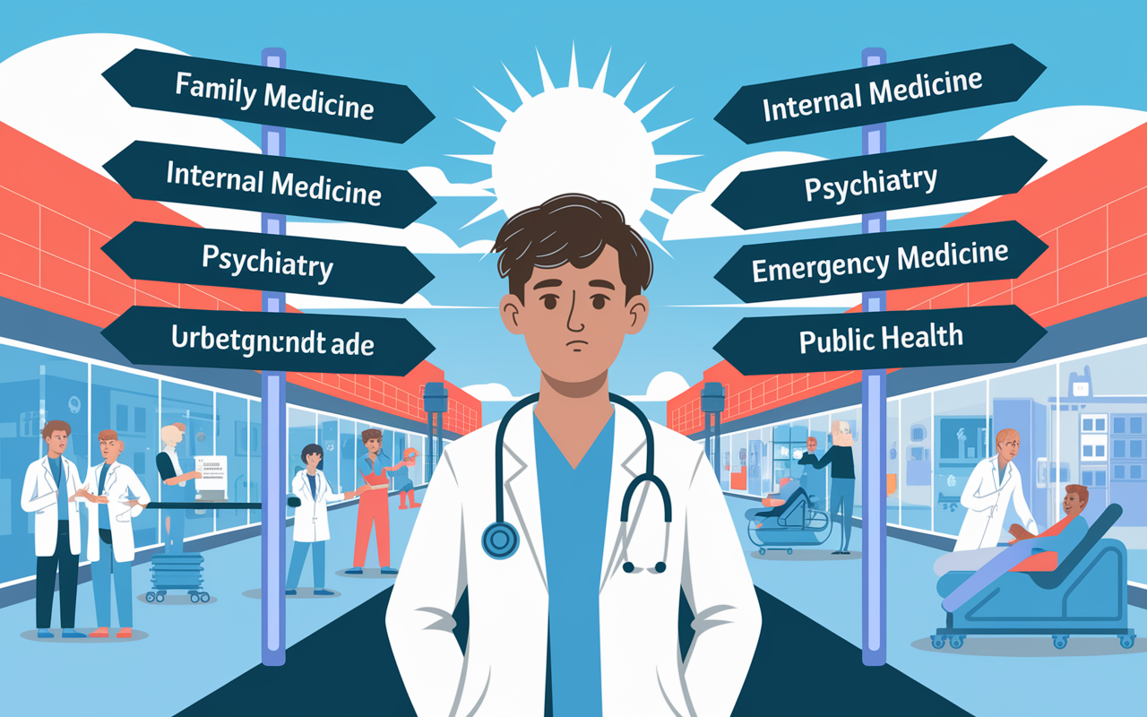 An illustration of a young doctor standing at a metaphorical crossroads, with signs pointing towards different medical specialties: Family Medicine, Internal Medicine, Pediatrics, Psychiatry, Emergency Medicine, and Public Health. The background shows a vibrant hospital setting, with busy medical staff and patients, portraying an atmosphere of decision-making and opportunities. The sky is bright, symbolizing hope and potential, while the doctor contemplates with a thoughtful expression.