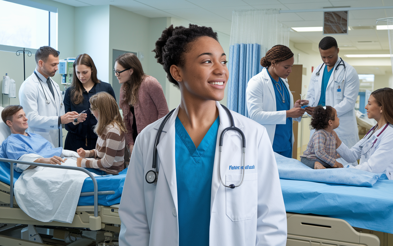 A medical student engaged in a clinical rotation, observing different medical specialties. The setting is a bustling hospital ward, showing patients in different stages of care. The student appears fascinated while watching a family medicine doctor consult with a family, an internist examining test results, and a pediatrician playing with a child. The atmosphere is dynamic, illustrating a day filled with learning and discovery in a healthcare environment.