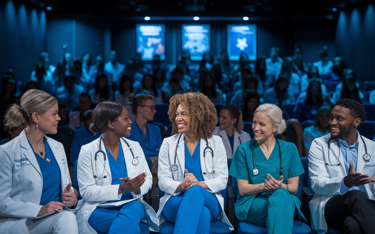 A diverse group of medical professionals participating in a panel discussion about medical specialties. The scene is set in an auditorium filled with medical students, eager to hear insights from their mentors. The panelists vary in age and specialty, dressed in professional attire, engaging in a lively conversation with vibrant expressions. Dimmed lights focused on the panelists with a backdrop of medical posters, creating an inspiring learning environment.