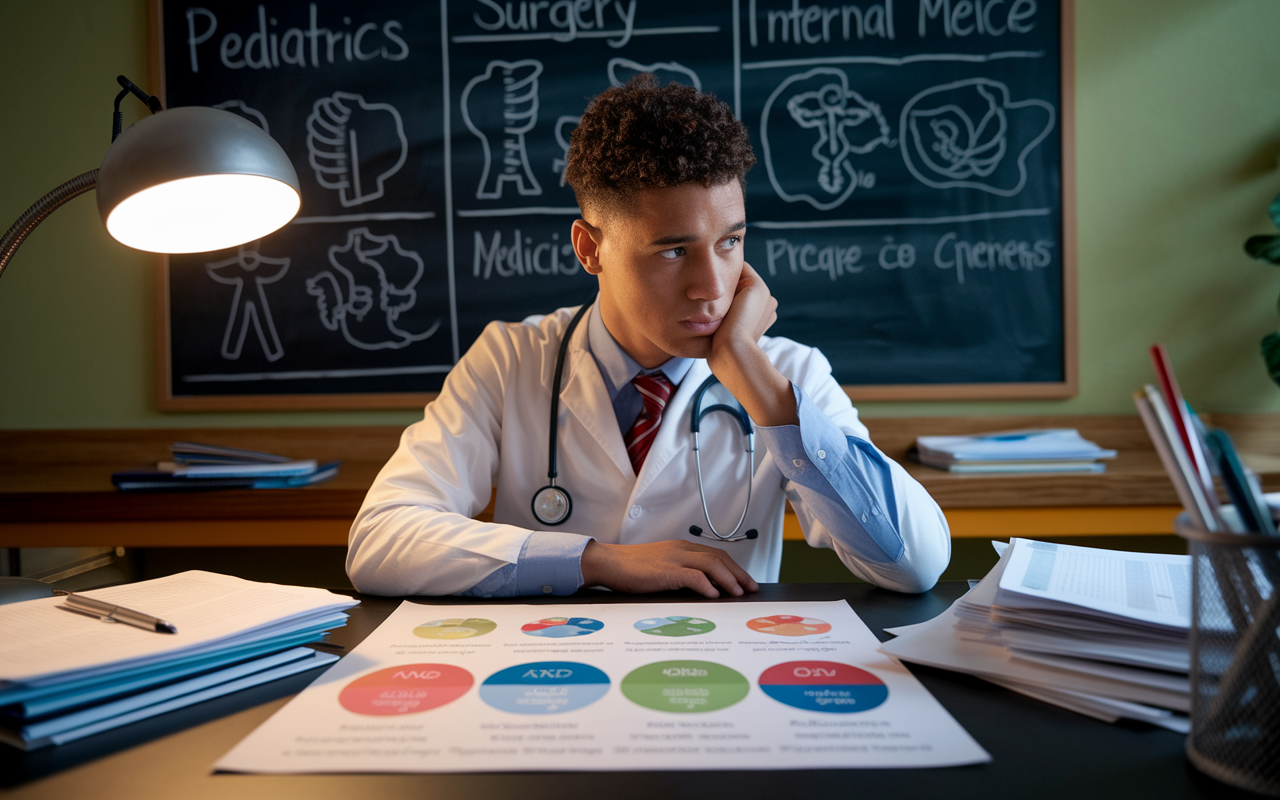 A focused medical student sitting at a desk cluttered with research papers, looking thoughtfully at a chart illustrating different medical specialties like pediatrics, surgery, and internal medicine. The backdrop features a chalkboard with diagrams related to each specialty. There’s a warm, inviting light from a desk lamp, highlighting the student's intense concentration and sense of exploration.