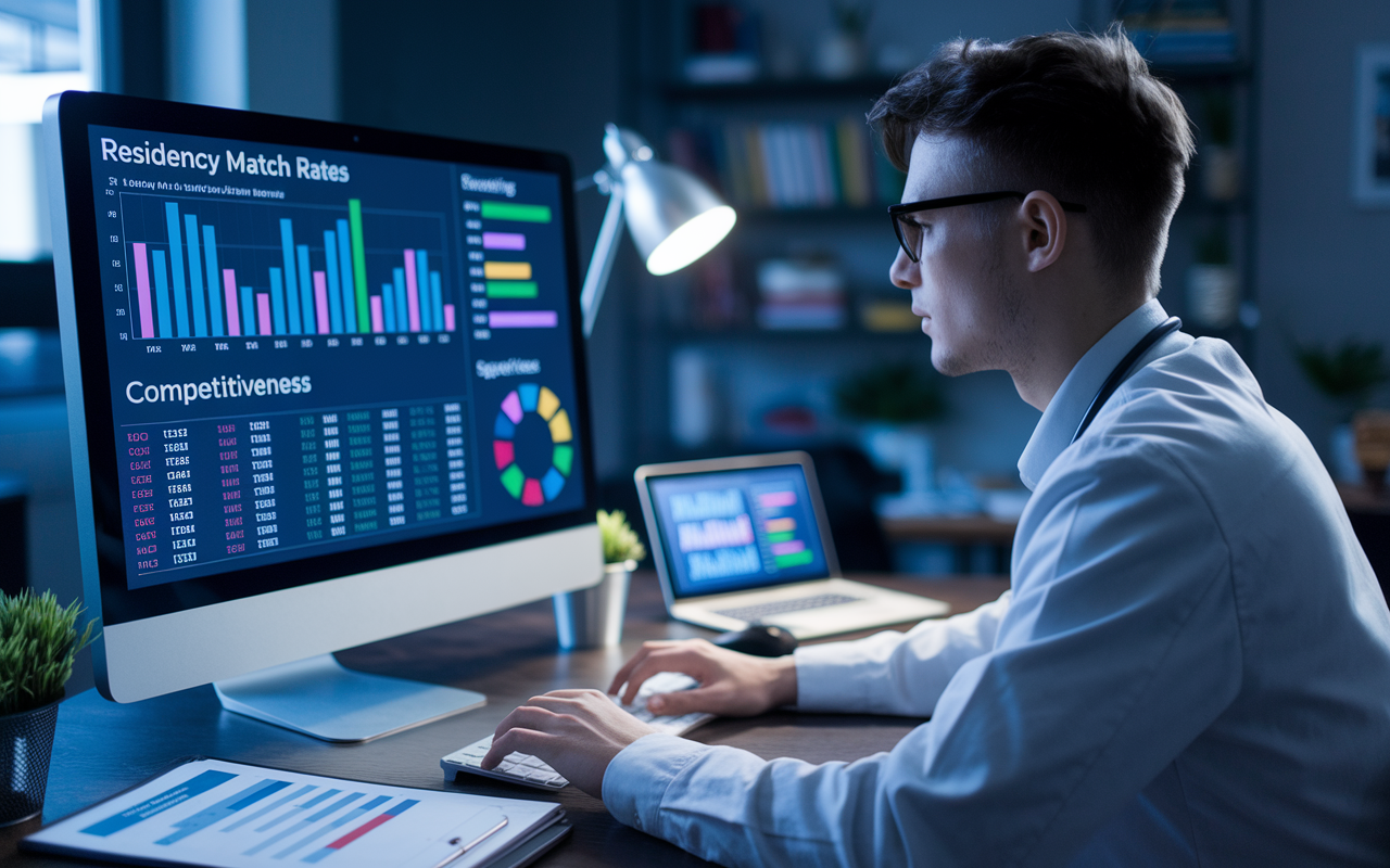 An analytical medical student working on a computer, immersed in graphs and statistics regarding residency match rates and competitiveness of various specialties. The setting is a modern study room with a large monitor displaying colorful charts and tables. The ambiance is studious, with focused lighting accentuating the student's engagement with the data.