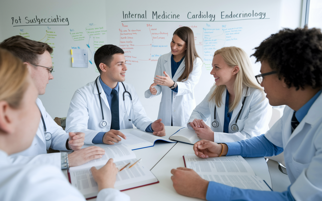 A group of medical students engaged in a discussion around a table adorned with textbooks opened to sections on Internal Medicine subspecialties, such as cardiology and endocrinology. The room is bright and collaborative, featuring a whiteboard filled with colorful notes and connections between subspecialties. The students are animatedly exchanging insights, embodying a vibrant learning atmosphere.