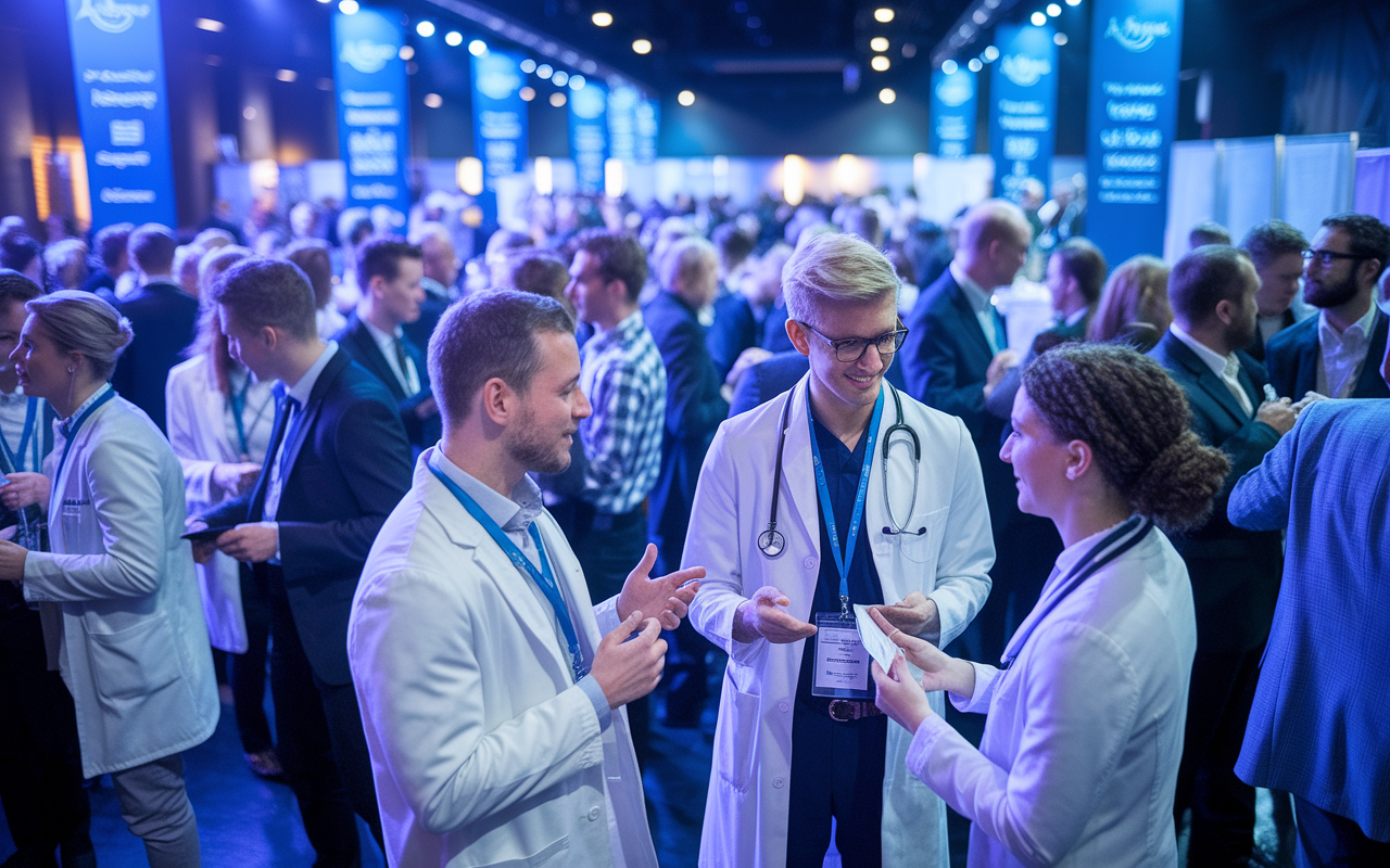 A vibrant scene at a medical networking event where aspiring doctors are engaged in discussions with experienced physicians. The venue is bustling with professionals exchanging ideas and business cards, adorned with banners promoting various specialties. Soft overhead lighting highlights the faces of attendees, demonstrating enthusiasm and collaboration.