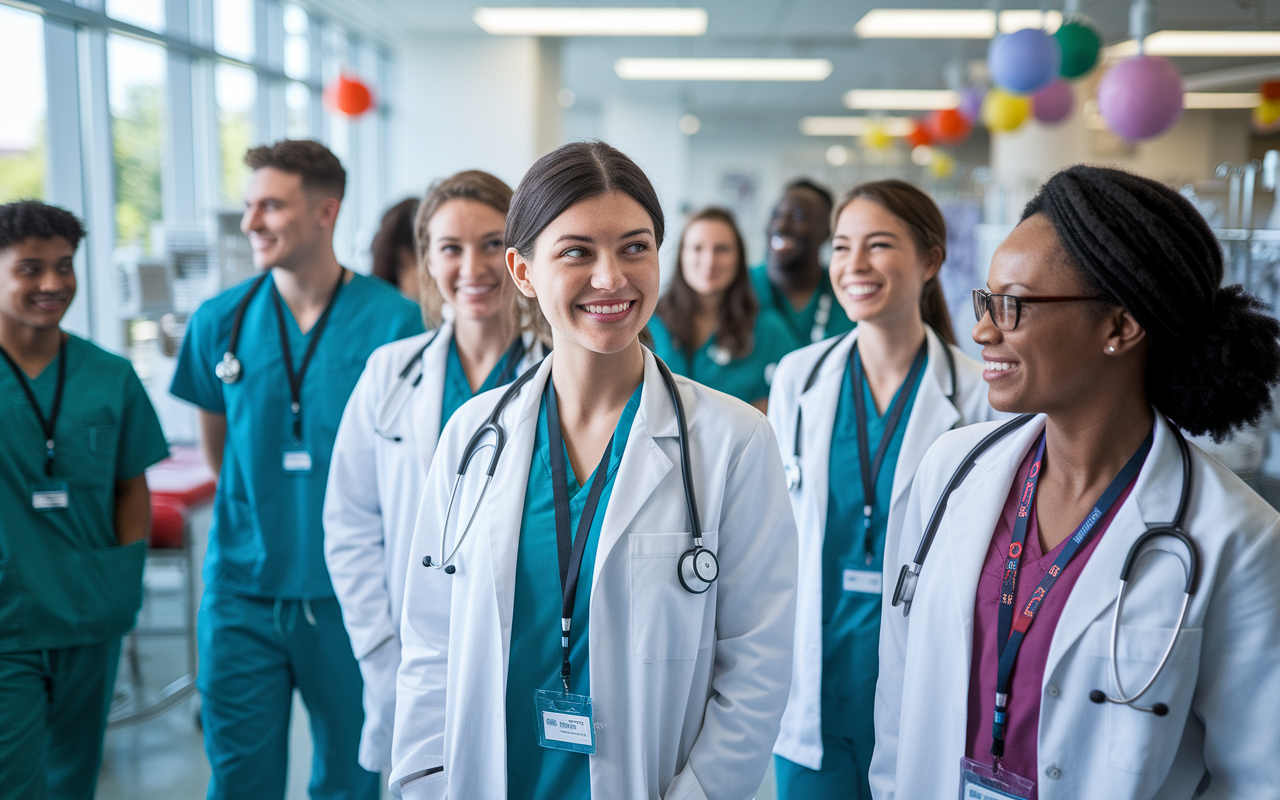 A diverse group of medical students on a hospital rotation, observing different departments from surgical units to pediatrics, displaying curiosity and openness to learning. The hospital environment serves as a backdrop, bustling with activity and adorned with colorful medical equipment. Soft, natural light filters in from windows, enhancing the atmosphere of exploration.