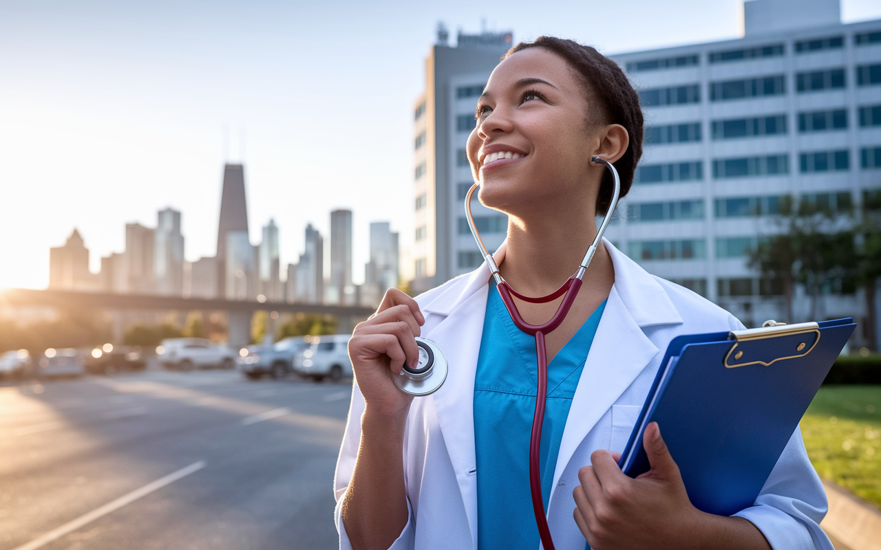 A confident medical student looking ahead with determination and excitement, standing outside a hospital while holding a stethoscope and a clipboard filled with residency applications. The skyline of a city and the hospital building in the background emphasize future possibilities. Warm sunset light creates an uplifting atmosphere as the student prepares for their medical journey.