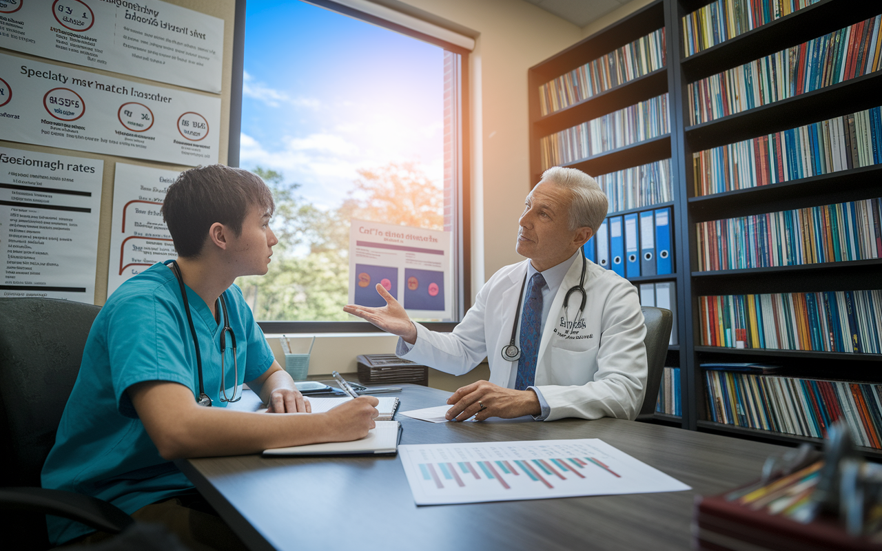 A one-on-one meeting between a medical student and a career advisor in an office filled with educational posters and a large bookshelf of medical texts. The student is looking contemplative, taking notes while the advisor, an older experienced physician, gestures toward a chart of specialty match rates. A window shows a sunny day outside, bringing a sense of hope and insight into the decision-making process.