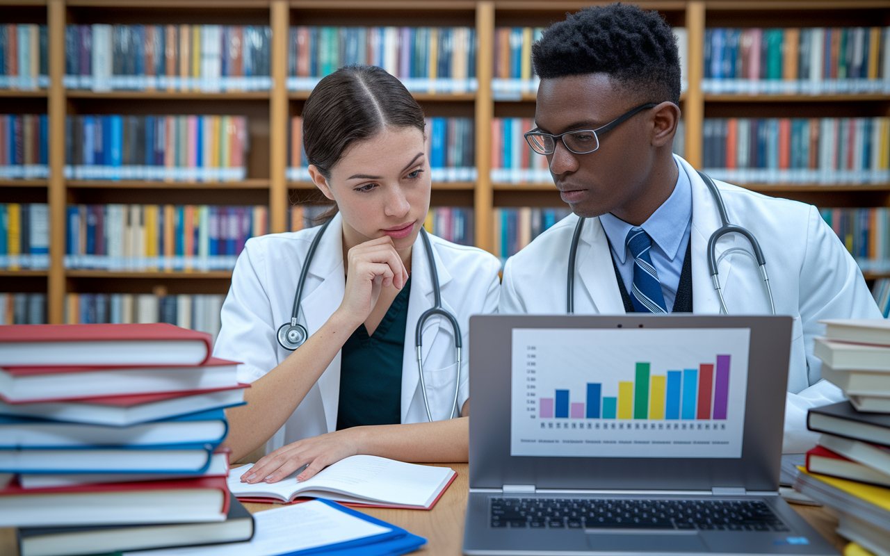 A close-up of two medical students, one male and one female, in a library setting, discussing backup specialties with thoughtful expressions. Open laptops are displaying residency application materials alongside colorful charts of specialty competitiveness. Books and medical journals pile around them, highlighting an environment of academic rigor and collaboration.