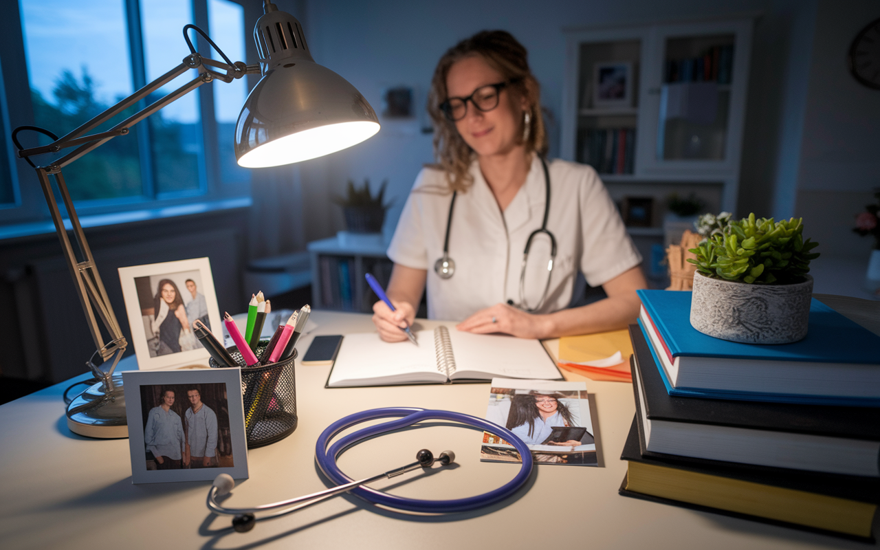 A scene showing a medical professional at a desk, balancing work and personal items in a cozy home office. The desk is cluttered with a stethoscope, family photos, and medical textbooks. A warm lamp lights the space gently, creating a calm atmosphere that reflects the need for balance between work life and personal commitments.