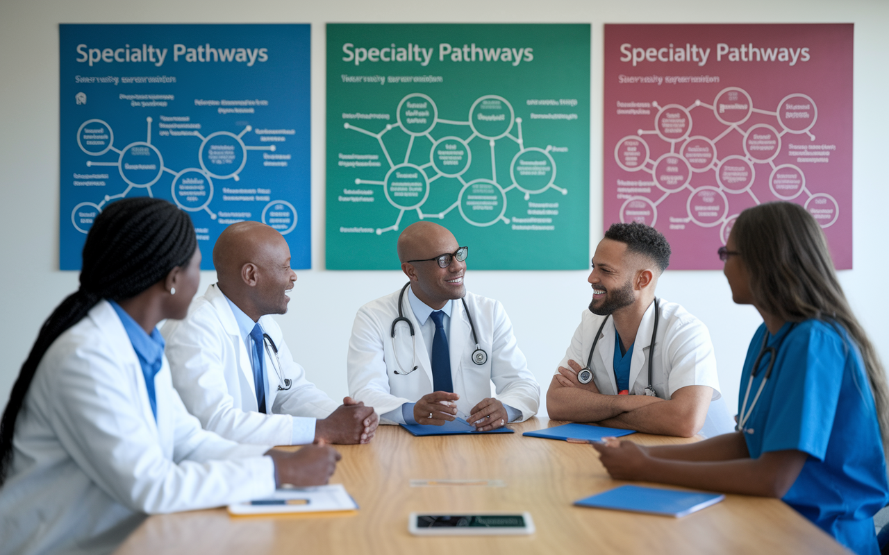 A vibrant scene in a conference room where diverse medical students engage in conversation with experienced mentors. The mentors, displaying wisdom and understanding, share insights while colorful presentation boards around them display specialty pathways. This collaborative atmosphere emphasizes learning and guidance.