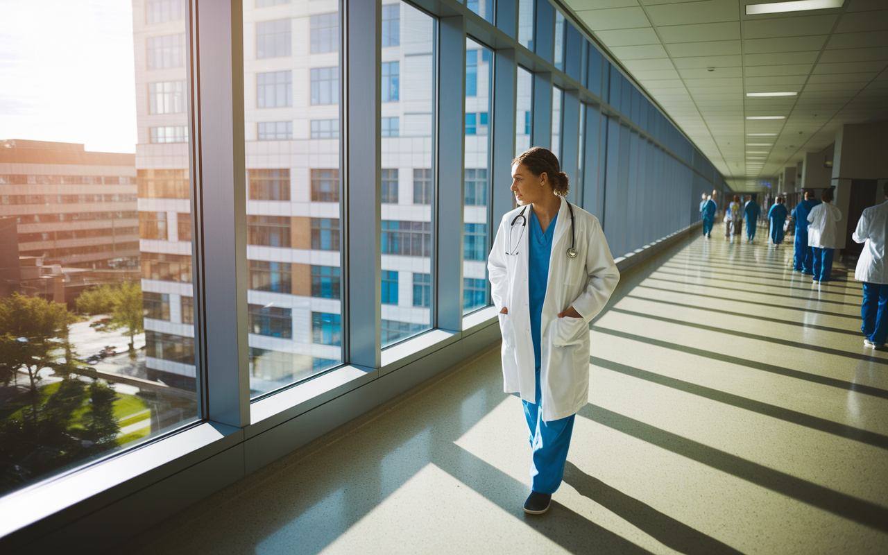 An inspirational image of a young physician walking down a hospital corridor, thoughtfully reflecting on their journey. Natural sunlight filters through the large windows, illuminating diverse patient care areas filled with healthcare professionals and patients. The scene conveys a sense of purpose, dedication, and a willingness to embrace the unknown paths in medicine.