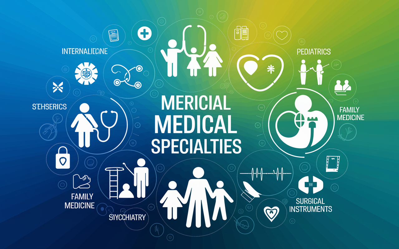 A vibrant digital painting showcasing various medical specialties like Internal Medicine, Pediatrics, Family Medicine, Surgery, and Psychiatry, depicted through representative symbols (e.g., stethoscope, family, surgical instruments) arranged in a circular formation. The background is a soothing blend of blue and green hues to evoke a sense of professionalism and hope.